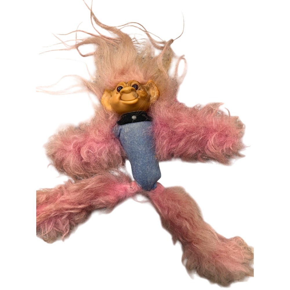 Vintage Scandia House Troll Doll Pink Shaggy Plush Blue Body Vinyl Face Denmark